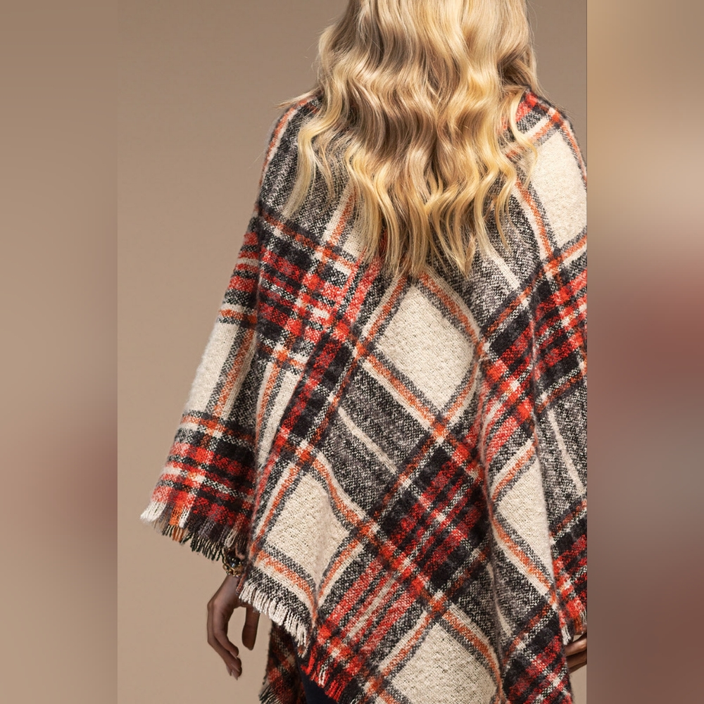 Poncho Multi Color Plaid w Frayed Fringe - Red Black & White - Picture 4 of 6